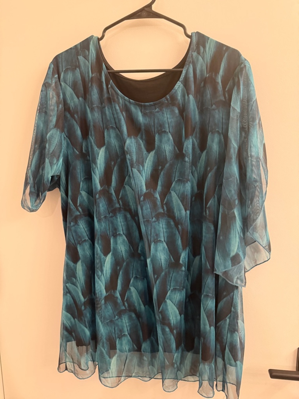 Women's Teal Feather-Print Chiffon Overlay Top